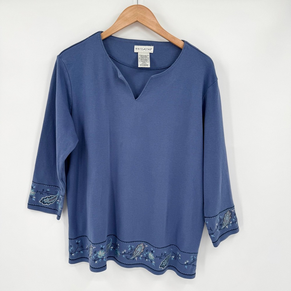 White Stag Womens XL Slate Blue Embroidered Paisley Notch‎ Neck Top WS512298